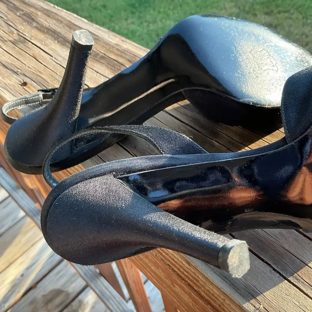 Stuart Weitzman Women’s Black Size 9M Satin Slingback Heels Peep Toe Formal